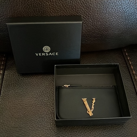 Versace unisex zip up keychain Virtus logo leather card holder wallet NWB - Picture 8 of 8